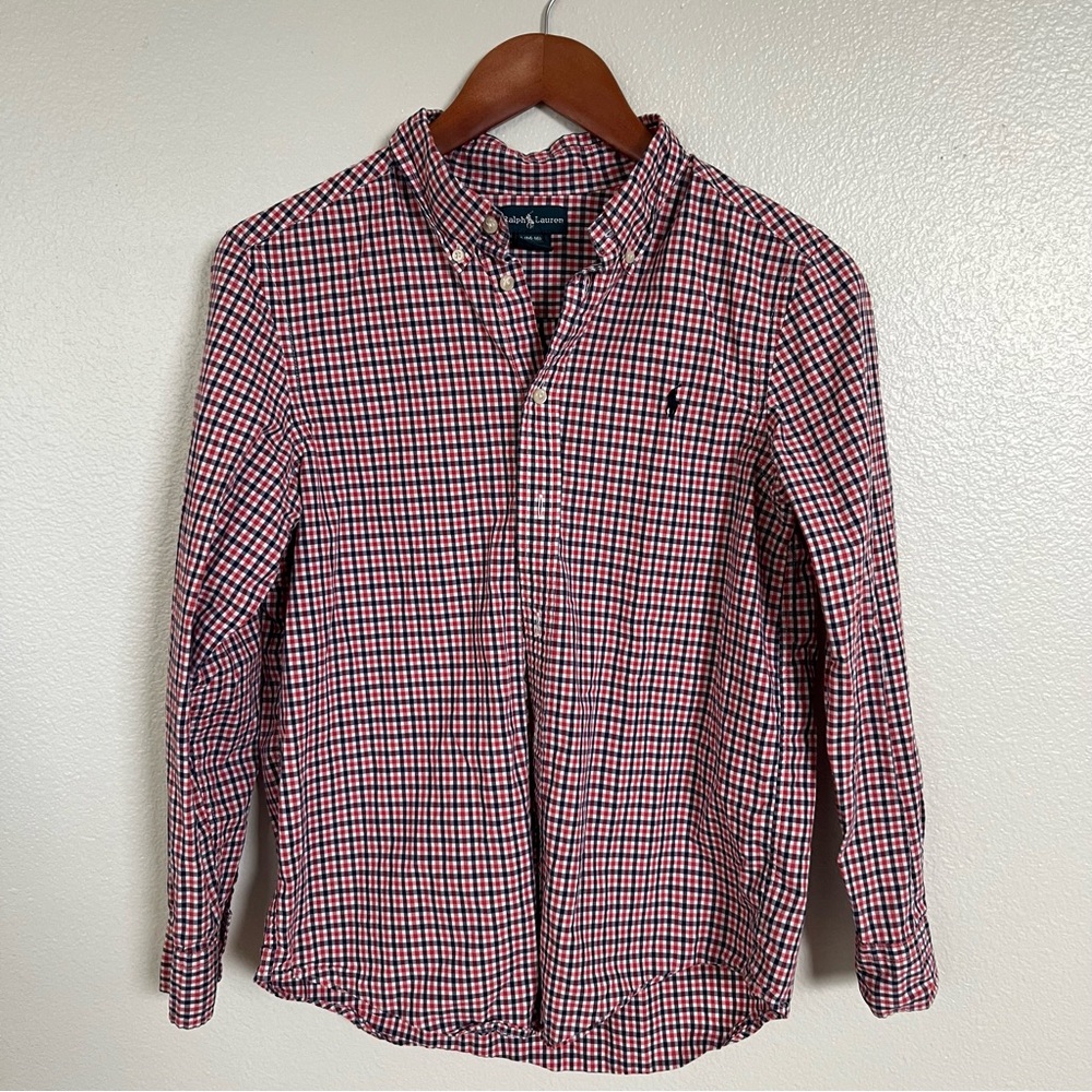 Ralph Lauren Youth Boys Red & Navy Checkered Button-Down Shirt, Size L (14-16)